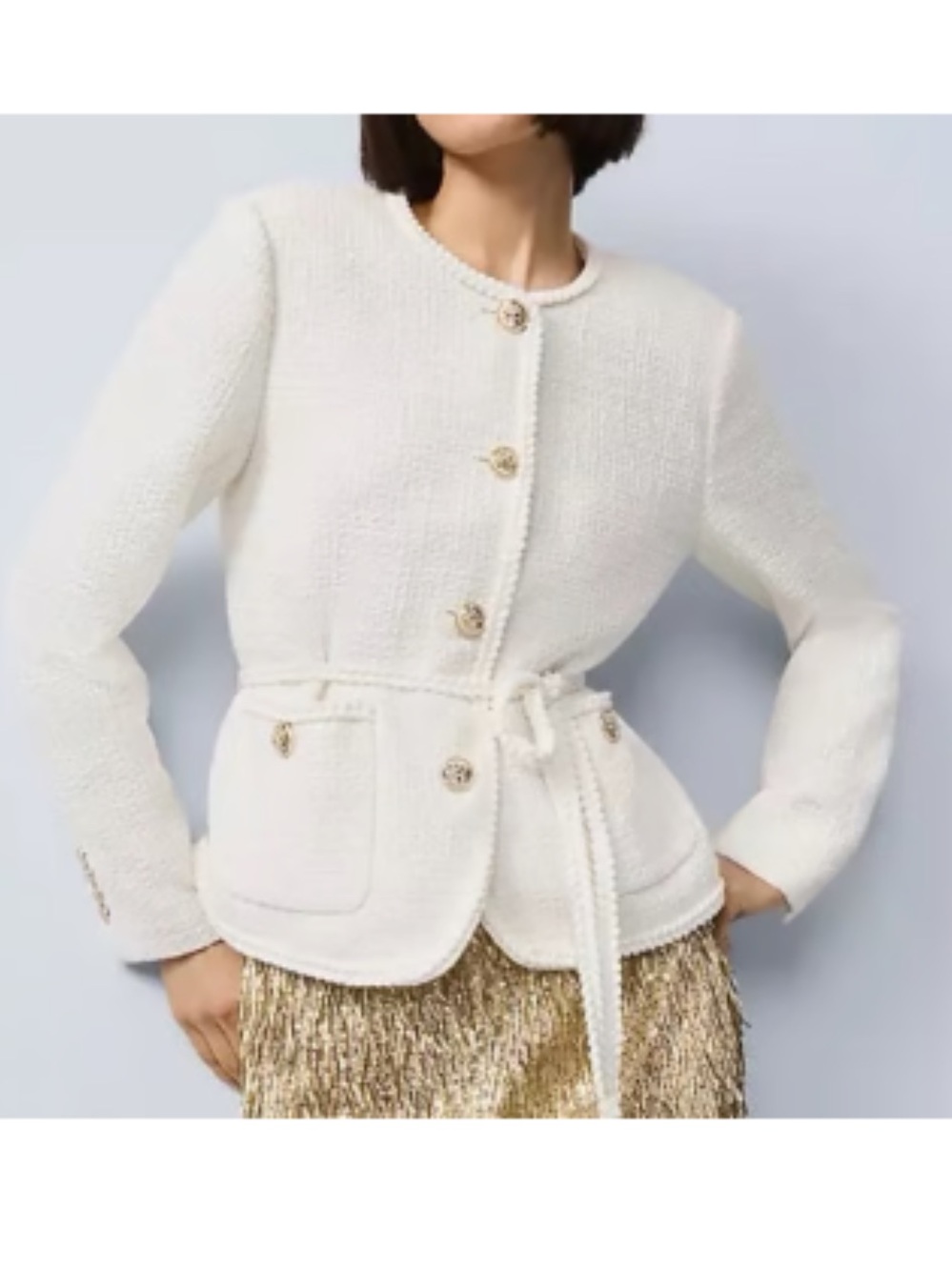 Ann Taylor Cream Bouclé Belted Blazer with Gold Buttons